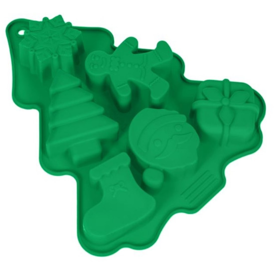 Forma de copt cu 6 modele de Craciun, silicon, verde, 18,5x22x2,5 cm